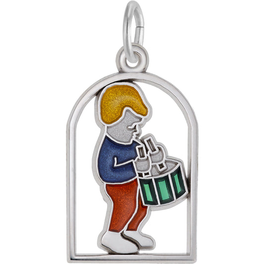 Twelve Drummers Drumming Charm w/Red, Blue & Green Enamel - Metal - Sterling Silver