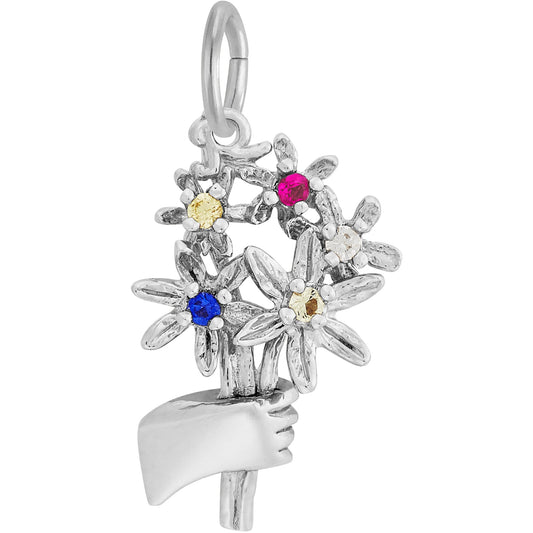 Bouquet of Flowers Charm w/Multicolored Beads - Metal - Sterling Silver