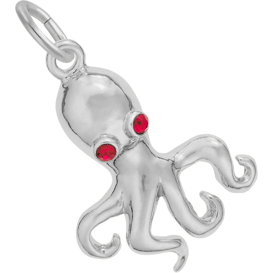 Octopus Charm w/Red Synthetic Crystals - Metal - Sterling Silver