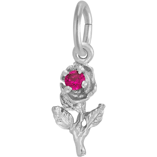 Rose Charm w/Pink Synthetic Crystal - Metal - Sterling Silver