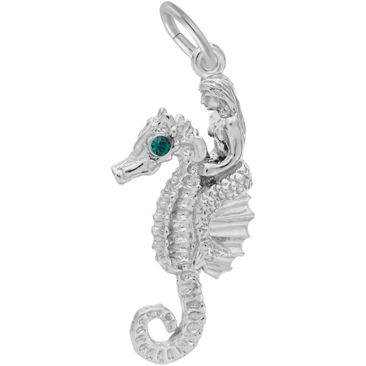 Under The Sea Friends Mermaid & Seahorse Charm w/Green Synthetic Crystal - Metal - Sterlin