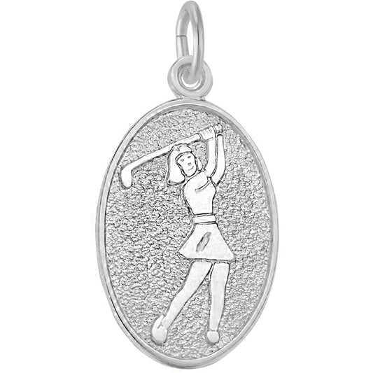 Female Golfer Oval Charm - Metal - Sterling Silver