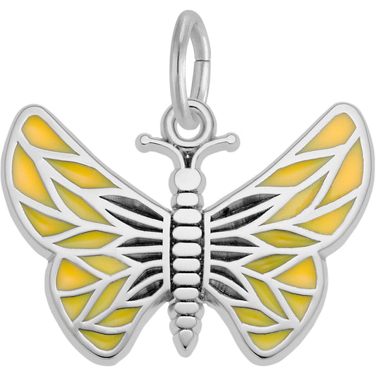 Painted Wings Butterfly Charm w/Tan Enamel - Metal - Sterling Silver