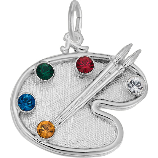 Artist Palette w/Multicolor Synthetic Crystals Charm - Metal - Sterling Silver
