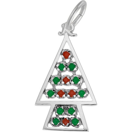 Beaded Christmas Tree Charm w/Red & Green Beads - Metal - Sterling Silver