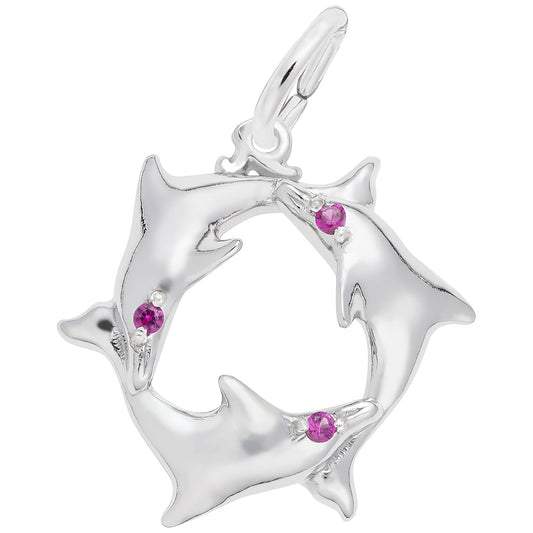 Dolphin Ring Charm w/Purple Synthetic Crystals - Metal - Sterling Silver