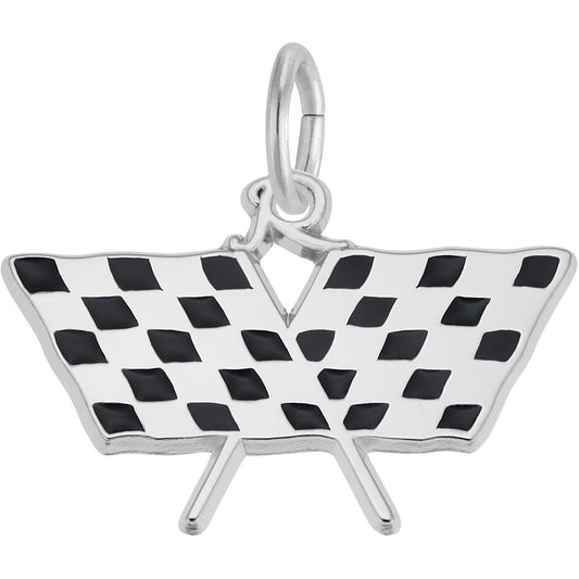 Checkered Racing Flags Charm w/Black Enamel - Metal - Sterling Silver