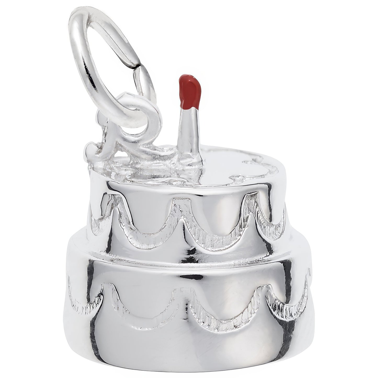 Two-Tier Birthday Cake w/Candle Charm & Red Enamel - Metal - Sterling Silver