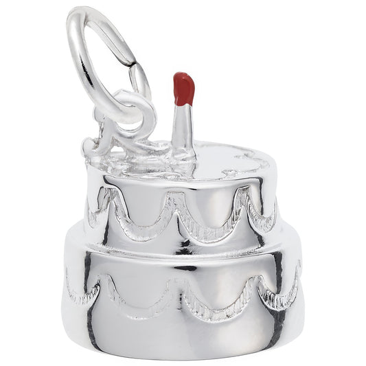 Two-Tier Birthday Cake w/Candle Charm & Red Enamel - Metal - Sterling Silver