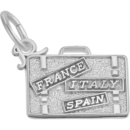 France, Italy, Spain Suitcase Charm - Metal - Sterling Silver