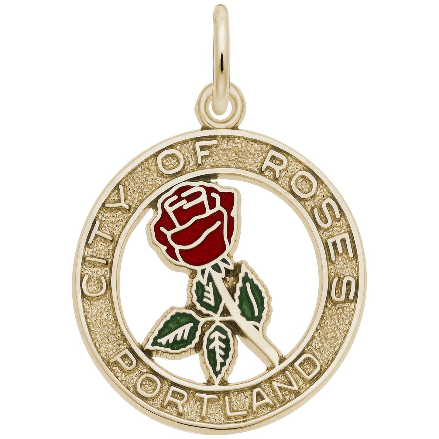 Portland City of Roses Charm w/Red & Green Enamel - Metal - Sterling Silver