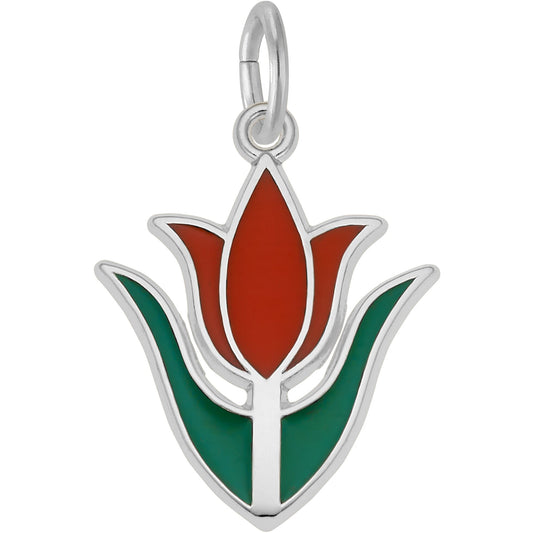 Tulip Flower Charm w/Red & Green Enamel - Metal - Sterling Silver