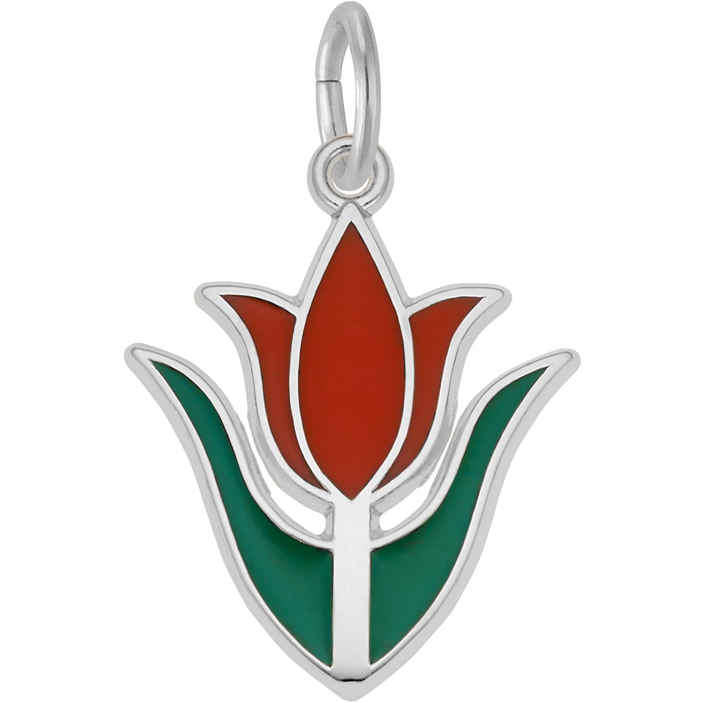 Tulip Flower Charm w/Red & Green Enamel - Metal - Sterling Silver