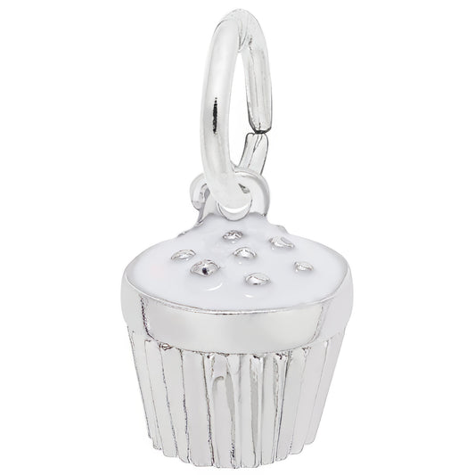 Cupcake Charm w/White Enamel - Metal - Sterling Silver