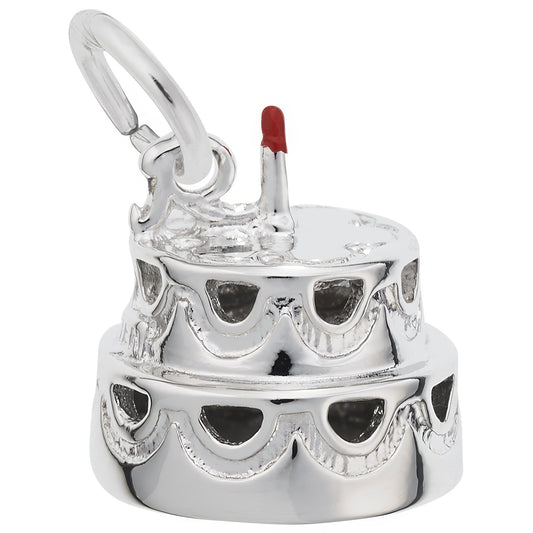 Hollow Two-Tier Cake w/Candle Charm & Red Enamel - Metal - Sterling Silver