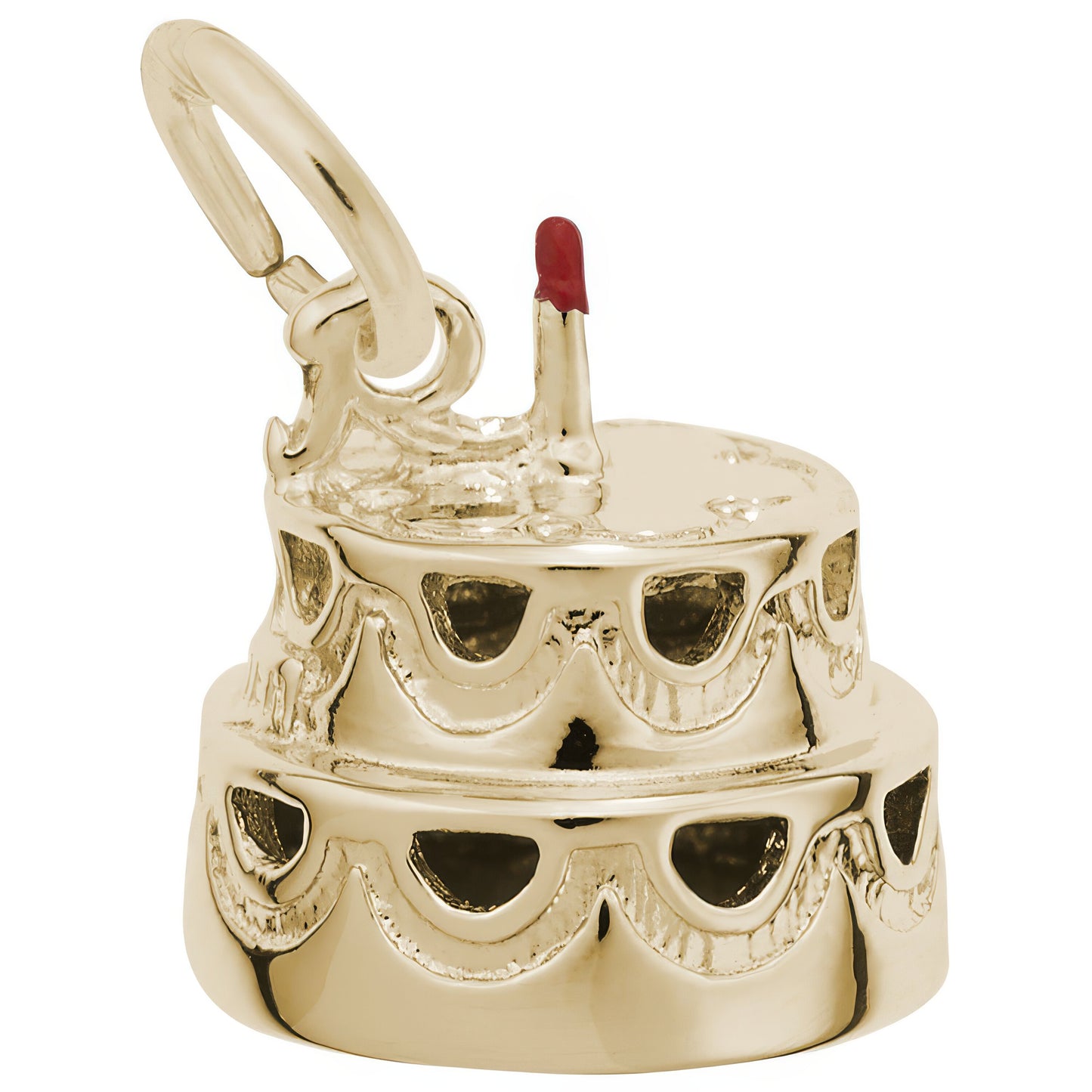 Hollow Two-Tier Cake w/Candle Charm & Red Enamel - Metal - Sterling Silver