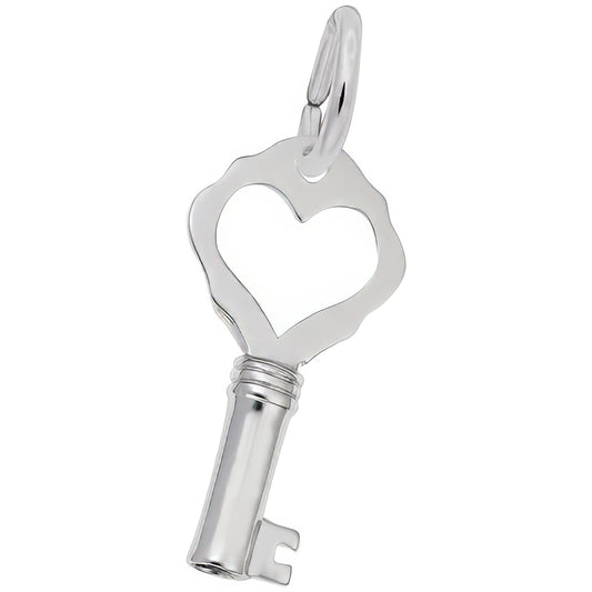 Key w/Heart Plain Charm - Metal - Sterling Silver