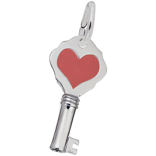 Key w/Red Heart Charm w/Red Enamel - Metal - Sterling Silver