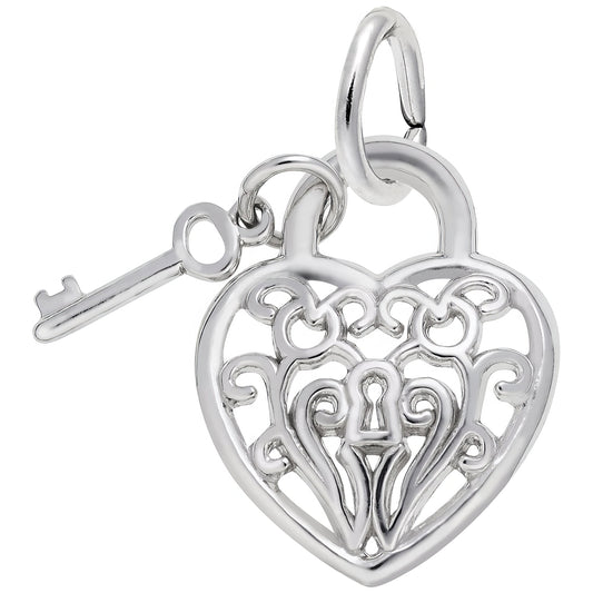 Sterling Silver Heart W/ Key 2d Charm - 19mm x 15mm