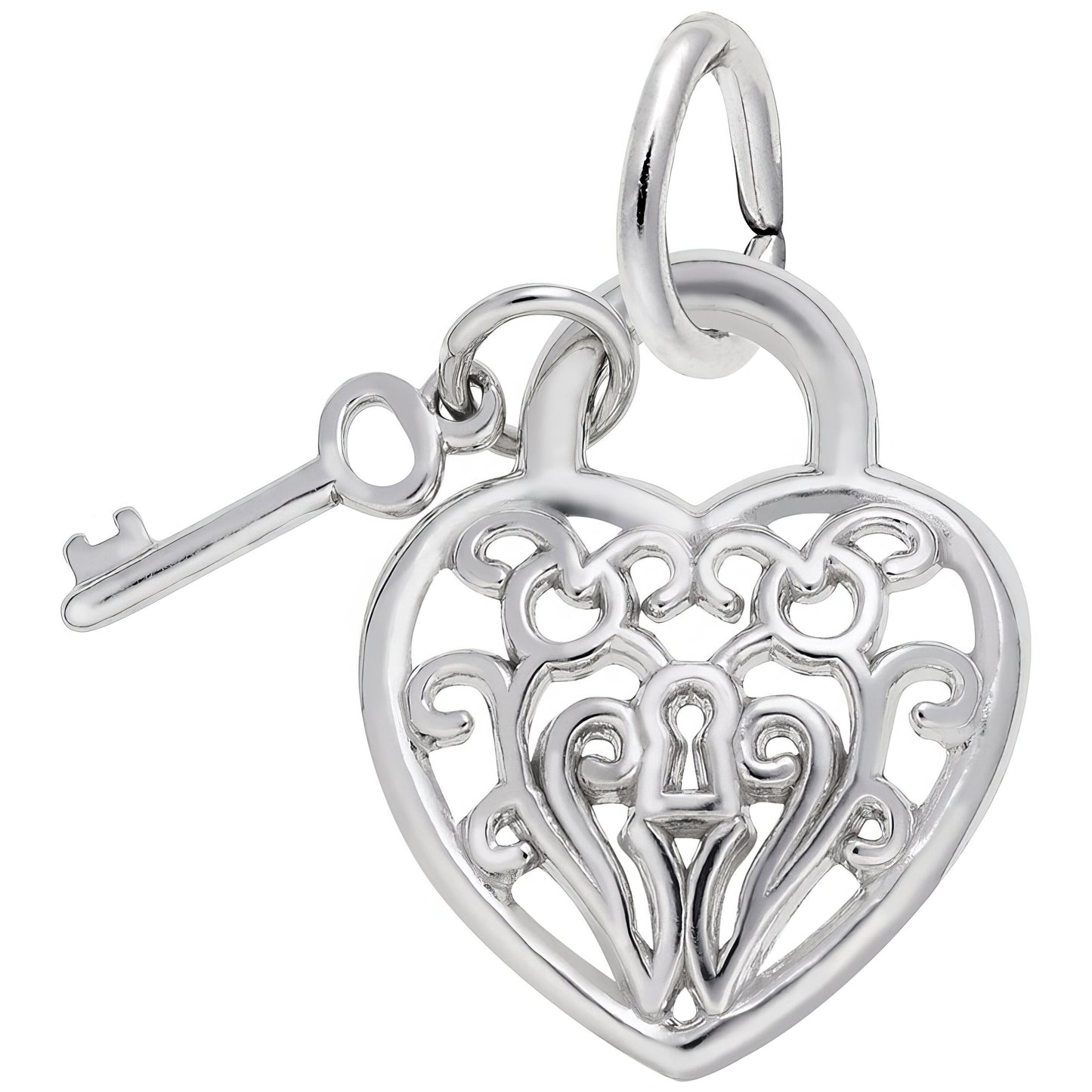 Sterling Silver Heart W/ Key 2d Charm - 19mm x 15mm