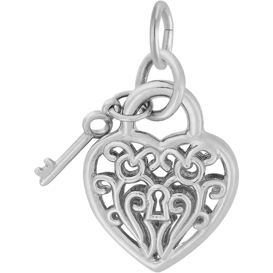 Heart w/Key 3D Charm - Metal - Sterling Silver