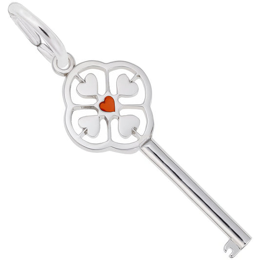 Large Key w/ 4 Hearts Charm & Red Enamel - Metal - Sterling Silver