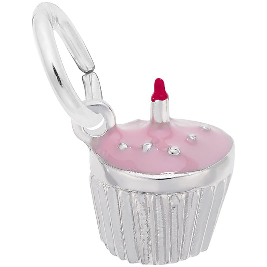 Sterling Silver Cupcake W/candle & Pink Paint Charm - 15mm x 12mm