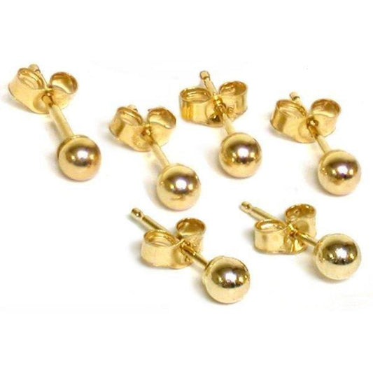 Ball Stud Earrings & Backs 14k Gold 3mm 3 Pairs