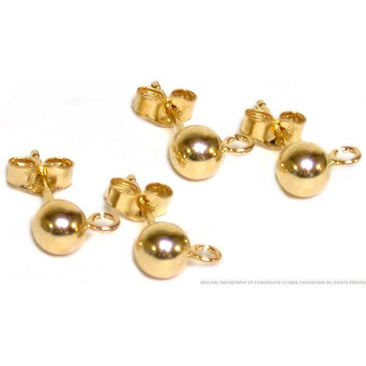 Ball Stud Earrings w/ Hoop 14k Gold 4mm 2 Pairs