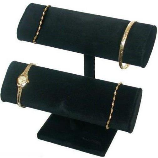 2 Tier Black Velvet T-Bar Bracelet Watch Jewelry Display Stand Kit 2 Pcs