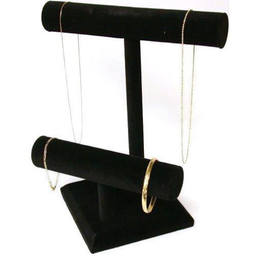 2 Tier Black Velvet T-Bar Bracelet & Necklace Pendant Display Stand Kit 2 Pcs