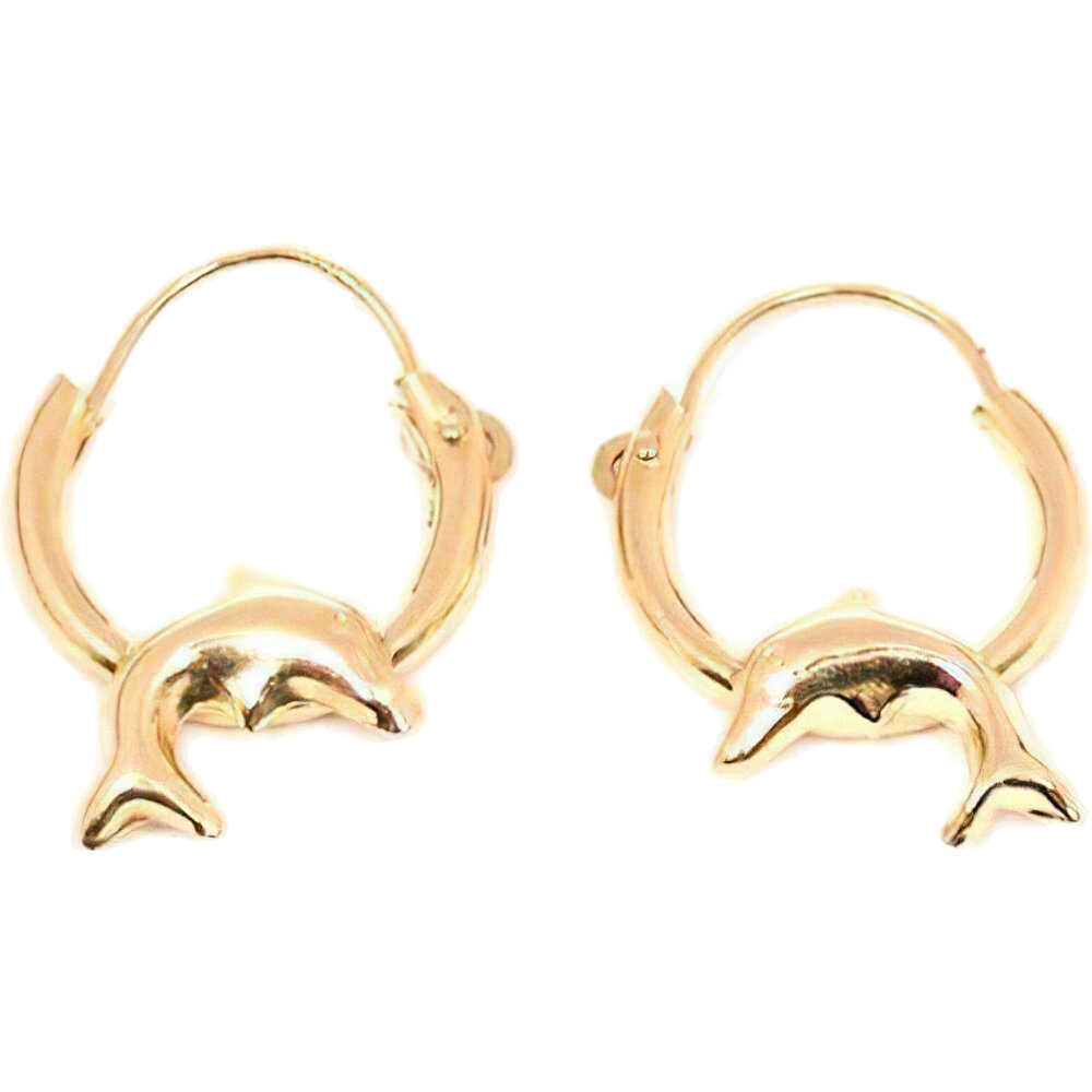 14K Yellow Gold Dolphin Hoop Earrings with Blue Gift Box