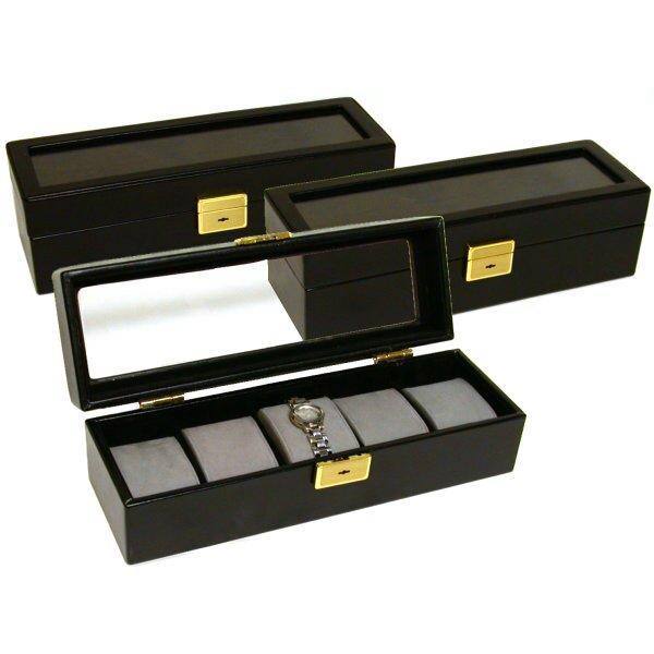 3 Leather Watch Box Case Display w/Glass Top 5 Slot New