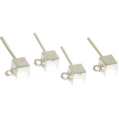 Cube Stud Earrings w/ Hoop Sterling Silver 4mm 2 Pairs