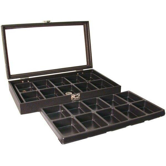 Glass Top Pocket Watch Black Display 20 Slot Tray Case