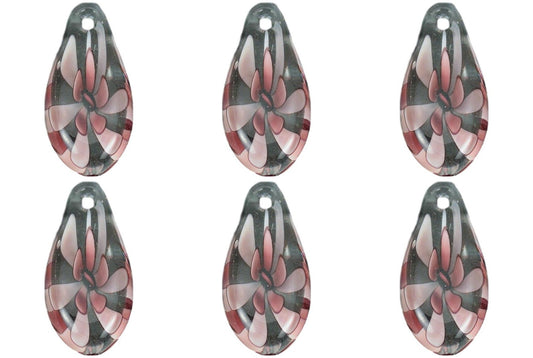 Purple Lampwork Glass Pendant Bead Teardrop Flower Pack of 6