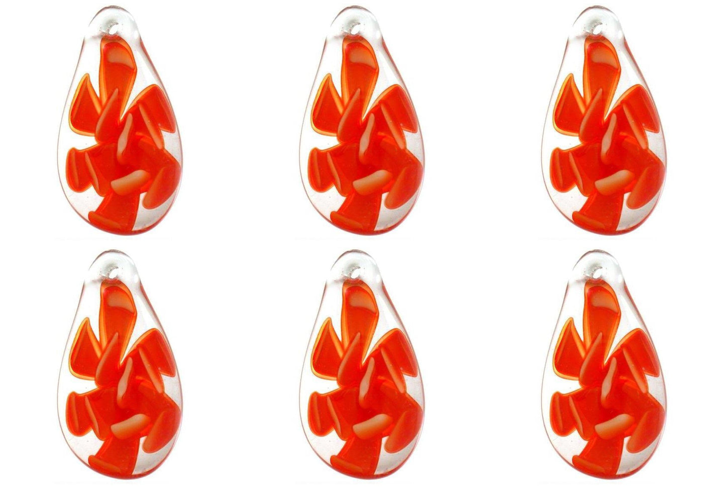 Red Lampwork Glass Pendant Bead Teardrop Flower - Pack of 6