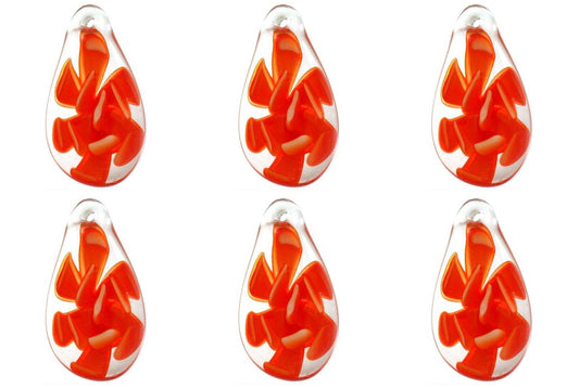 Red Lampwork Glass Pendant Bead Teardrop Flower - Pack of 6