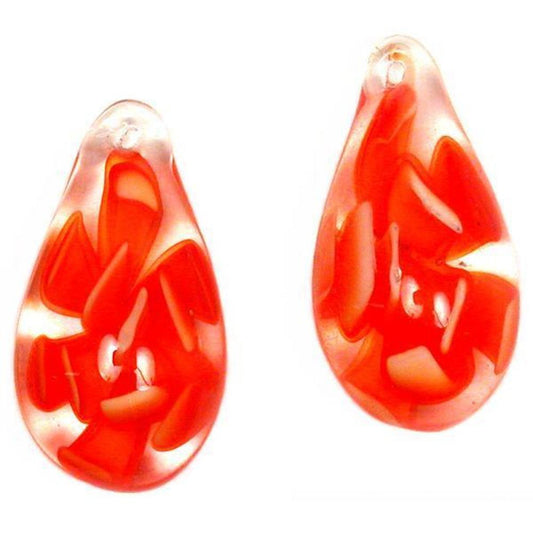 Teardrop Flower Glass Bead Pendants Red 32mm 2Pcs