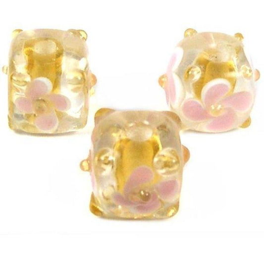 Lampwork Cube Flower Glass Beads Yellow 12mm 3Pcs