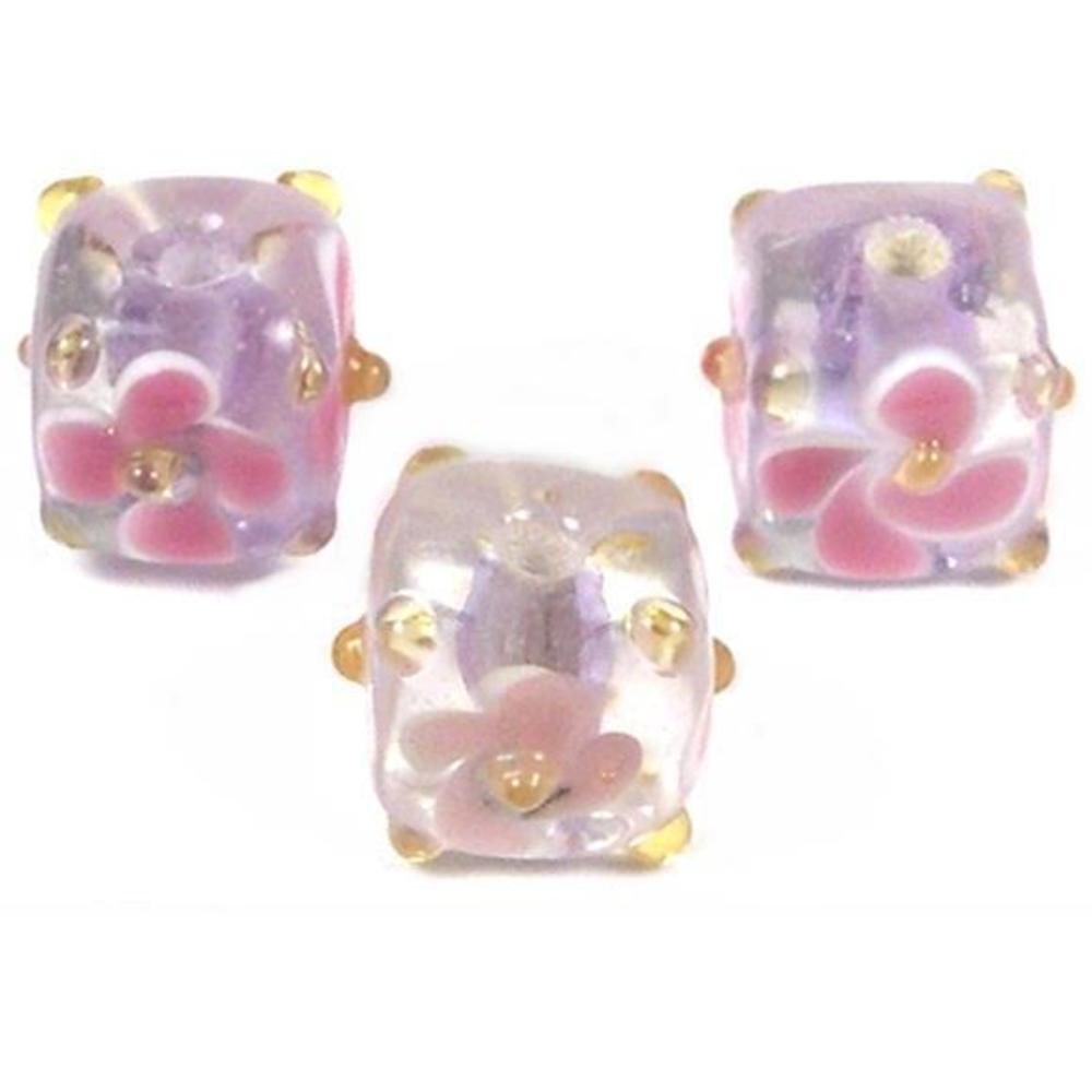 Lampwork Cube Flower Glass Beads Pink 12mm 3Pcs