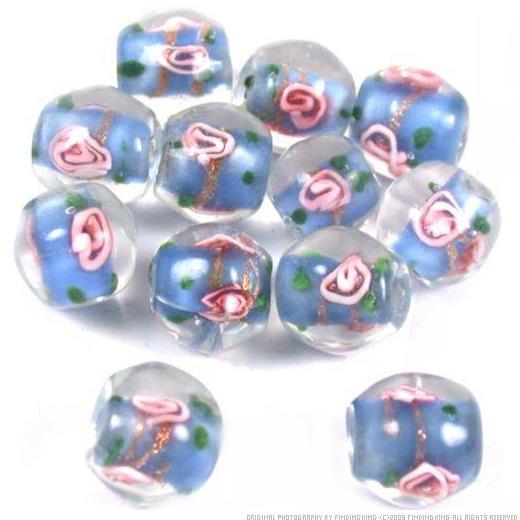 12 Lampwork Flower Beads Blue Beading Jewelry 10mm