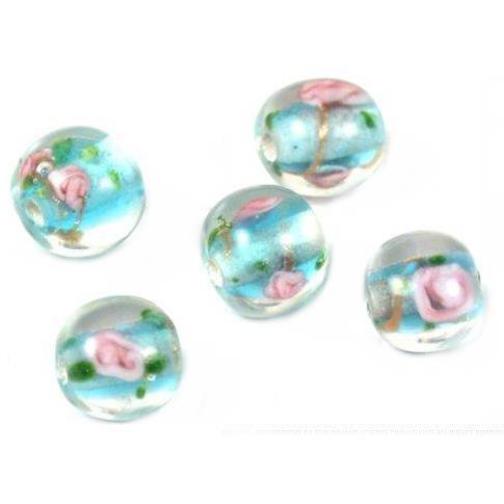 Lampwork Round Flower Glass Beads Blue 10mm 5Pcs