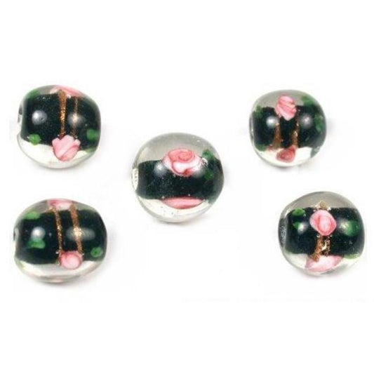 Lampwork Round Flower Glass Beads Black 12mm 5Pcs