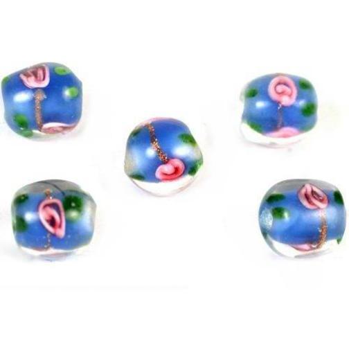Lampwork Round Flower Glass Beads Blue 8mm 5Pcs