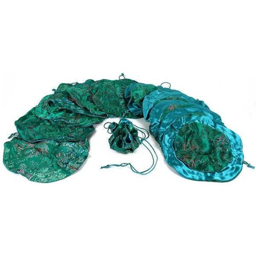 12 Green Brocade Chinese Jewelry Drawstring Bags 10"