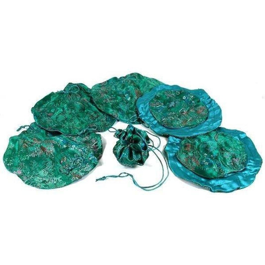 Brocade Cinch Pouches Green 10" 6Pcs