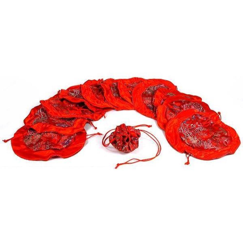 12 Red Brocade Chinese Jewelry Drawstring Bags 10"