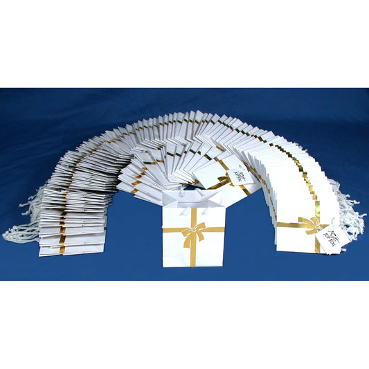 100 White with Gold Ribbon Gift Bags 4"