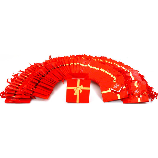 100 Red with Gold Ribbon Gift Bags 4"